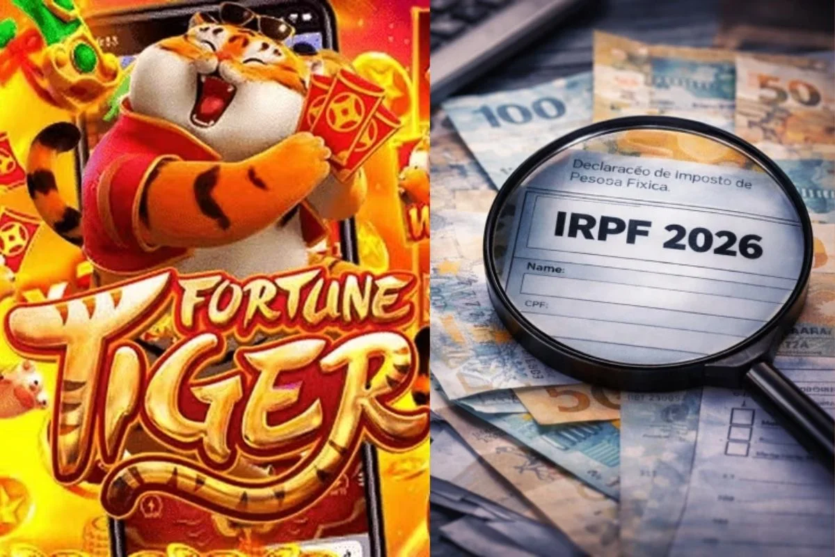 Uma mão segura um smartphone exibindo a tela de um jogo de cassino online com um tigre dourado, enquanto a outra mão segura uma calculadora e um punhado de moedas e notas de dinheiro. Ao fundo, um formulário de imposto de renda e uma lupa simbolizam a fis