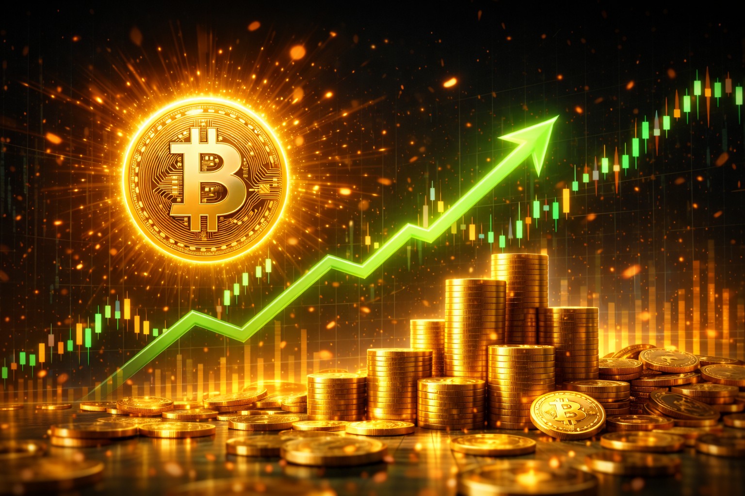 Uma representação digital de uma moeda de Bitcoin dourada em destaque à frente de barris de petróleo pretos e um gráfico financeiro ascendente ao fundo.
