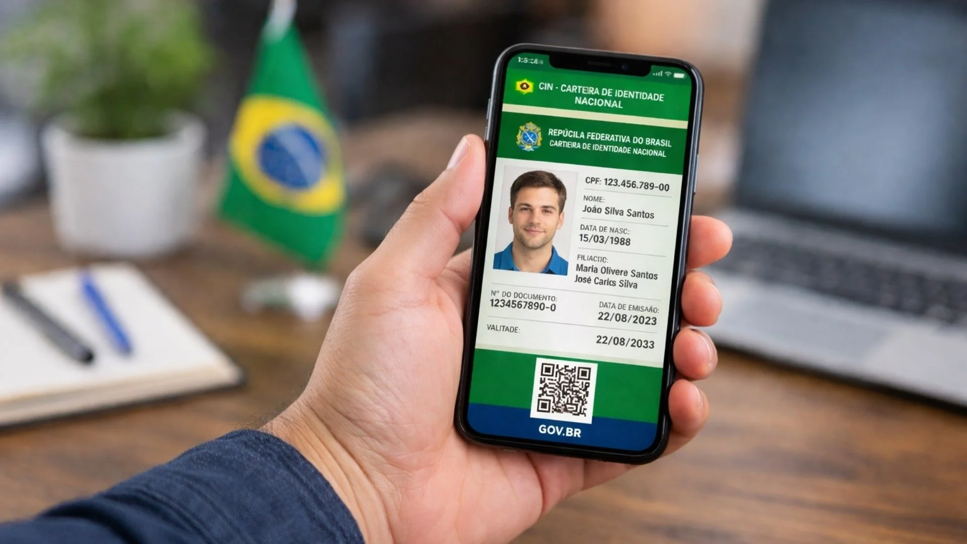 Um smartphone moderno exibindo a nova Carteira de Identidade Nacional digital (CIN) ao lado de um cartão de identidade físico com a bandeira do Brasil.