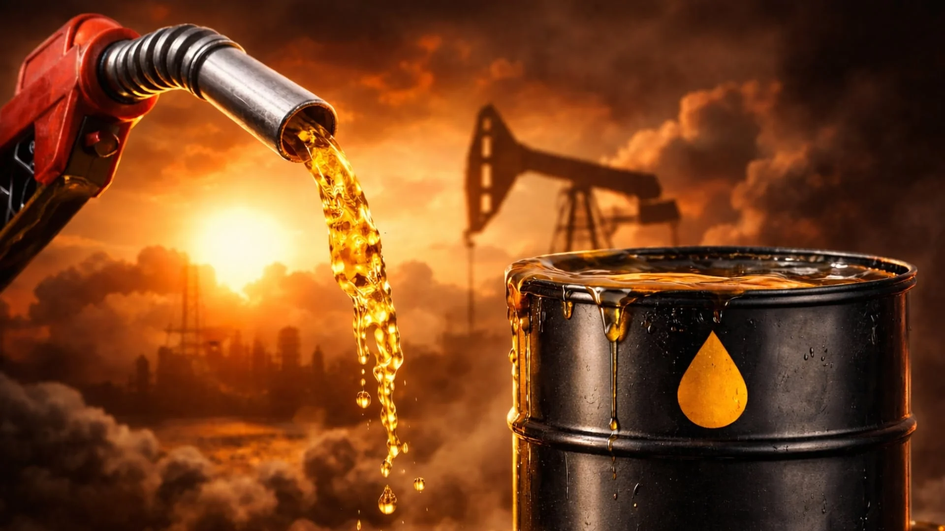 Barril de petróleo estilizado com chamas ao fundo, simbolizando a alta dos preços, e um gráfico financeiro ascendente. Ao lado, um carro abastecendo em um posto com o preço da gasolina em destaque. Cores quentes e dramáticas.