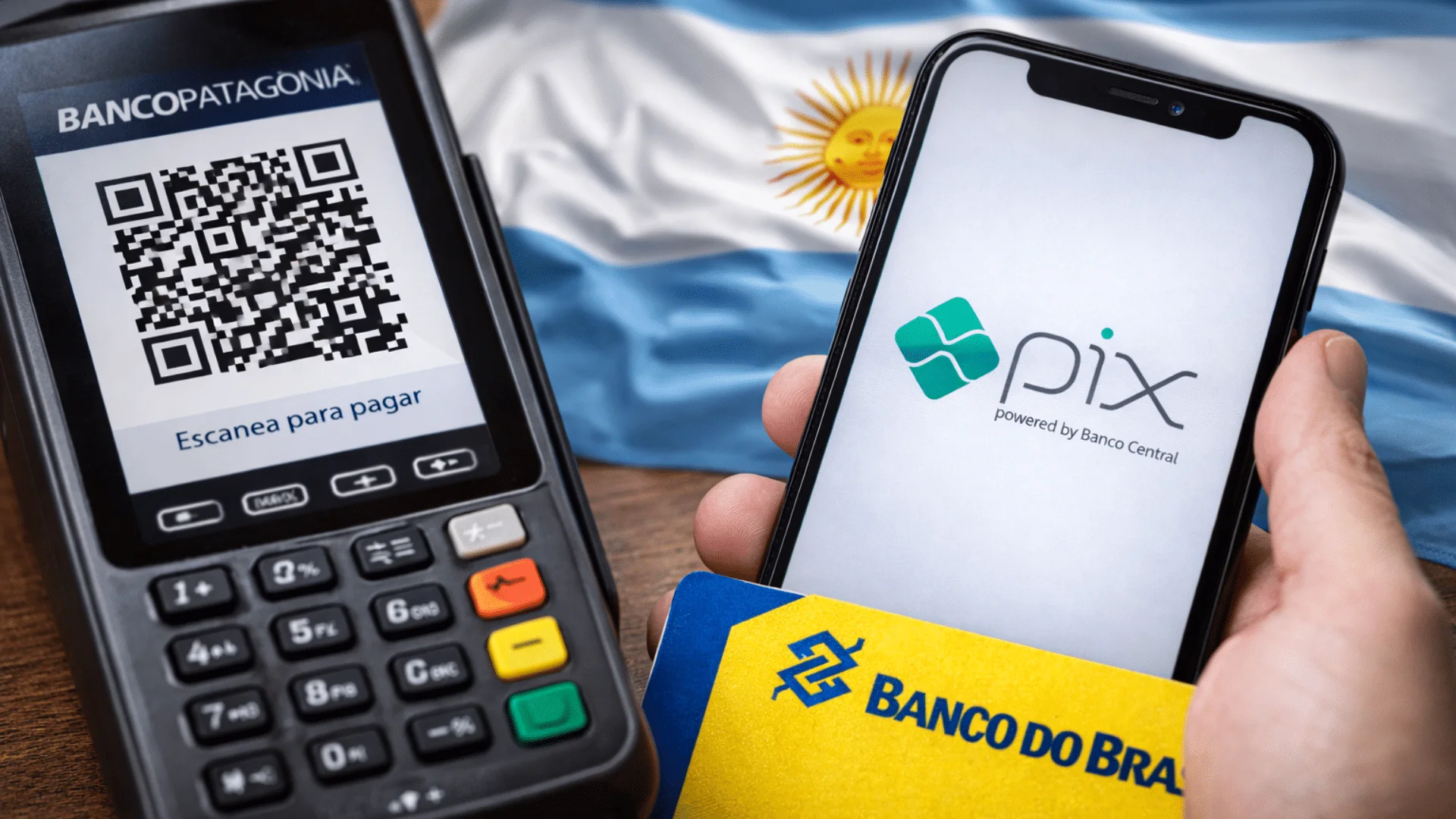 Pessoas usando smartphones para pagamentos via QR Code em um ambiente de mercado argentino vibrante, com moedas brasileiras e argentinas flutuando digitalmente, simbolizando transações internacionais com Pix.
