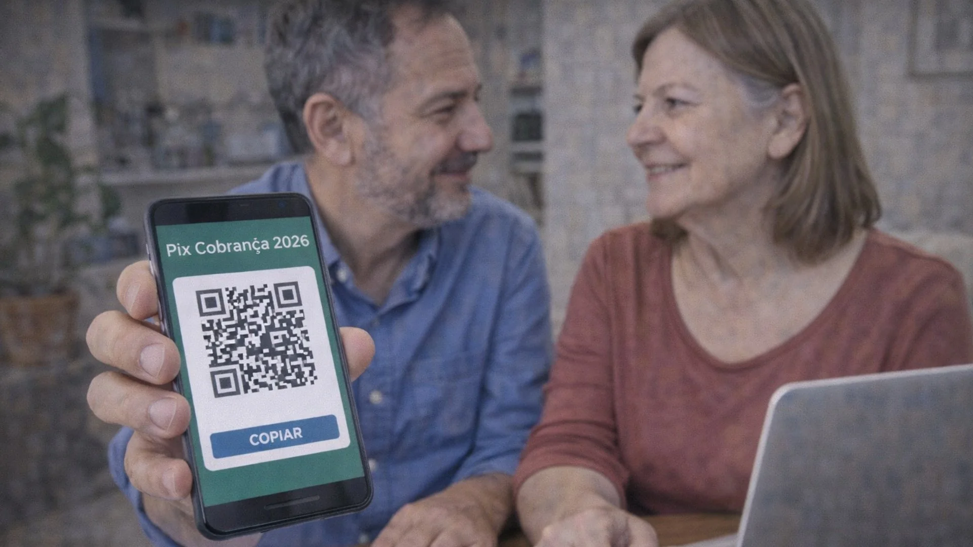 Uma mão segurando um smartphone com um QR Code dinâmico do Pix Cobrança na tela, sobrepondo-se a gráficos financeiros e moedas, simbolizando a agilidade e o controle financeiro para empresas.