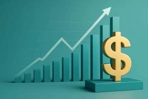 Gráfico financeiro com barras e linhas ascendentes, moedas de diferentes países, símbolos de dólar e real, e um mapa-múndi estilizado ao fundo, representando investimentos globais e tensões geopolíticas. Foco em renda fixa.